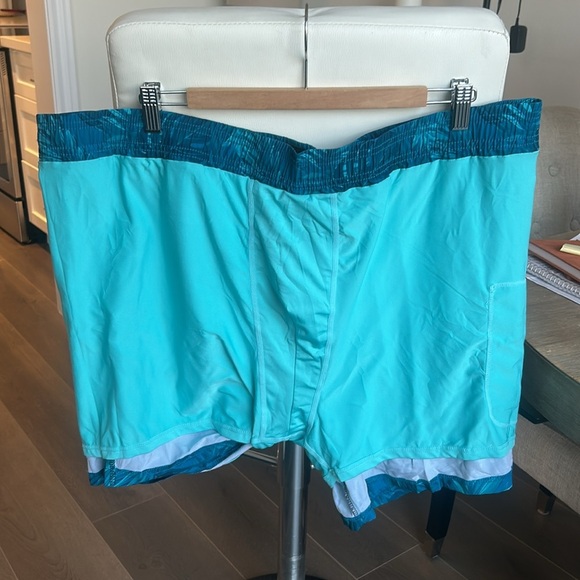 Men’s Blue Palm Swim Trunks 5” Compression Liner Shorts Stretch Zipper Pocket - Picture 6 of 14